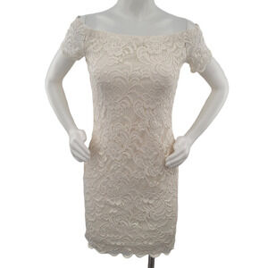 AMBIANCE Lace Ivory Cream Bodycon Mini Dress Size L Off the Shoulder